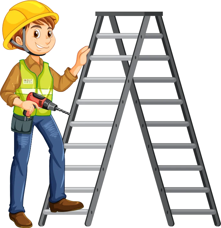 cartoon holymess roofer climbing up a ladder