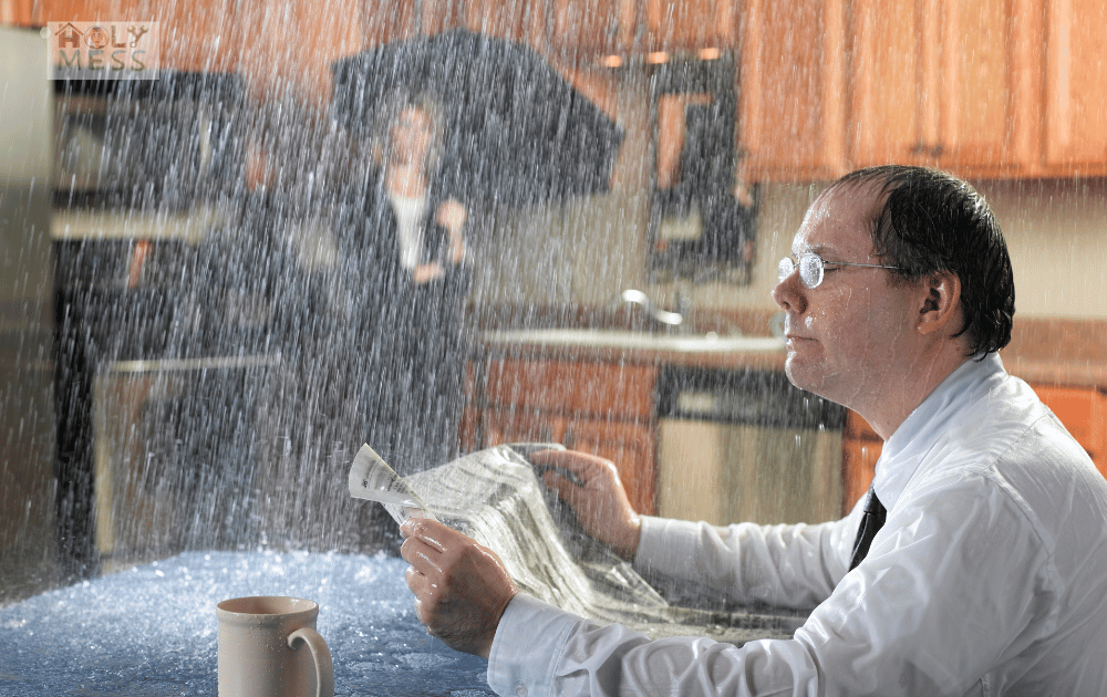 man in home with heavy leaking roof reading newspaper