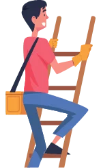 Cartoon roofer ascending ladder