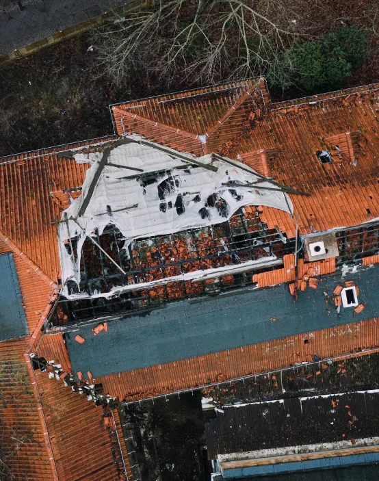 Aerial view of damaged roof