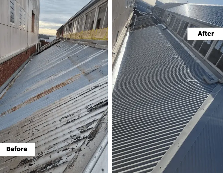 Before and after photos from a roof recently fixed by holymess repairs.