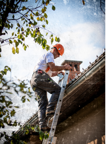 Two roof specialists are working on repairing a roof, An office staff female is listening to query of a customer on a call, Roof plumber is fixing a roof by using hammer, Many people shaking hands together as a result of getting good service from roofing company