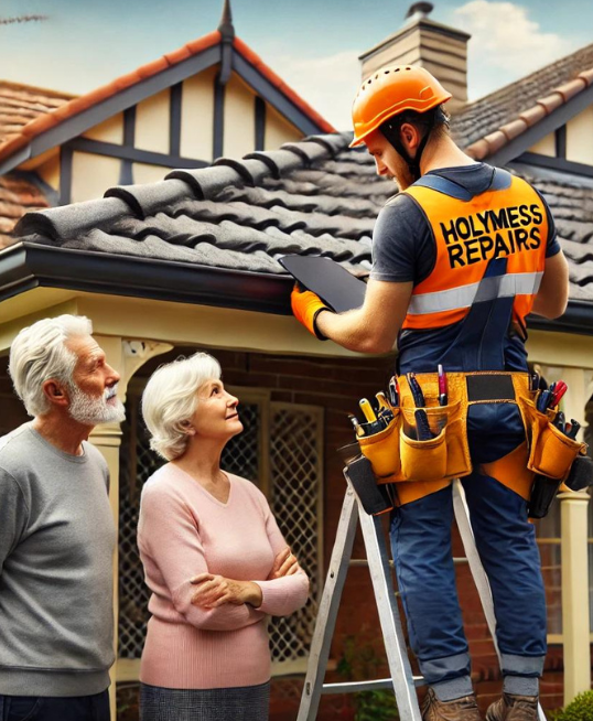 Two roof specialists are working on repairing a roof, An office staff female is listening to query of a customer on a call, Roof plumber is fixing a roof by using hammer, Many people shaking hands together as a result of getting good service from roofing company